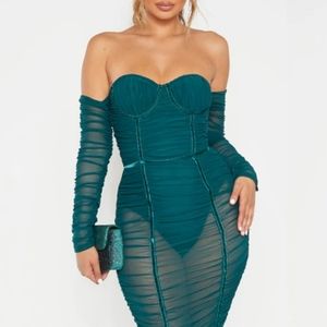 Jasper Green Mesh Ruched Velvet Binded Bardot Midi